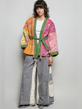 359. POL Colorblock Quilted Kimono Jacket - Multicolor NWT